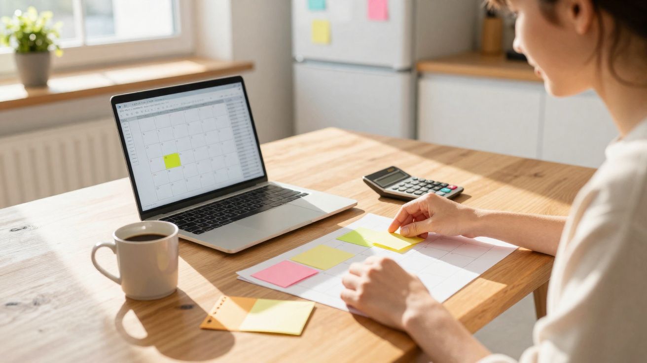 Pessoa a organizar notas coloridas e a usar um computador portátil com calendário numa mesa de madeira.