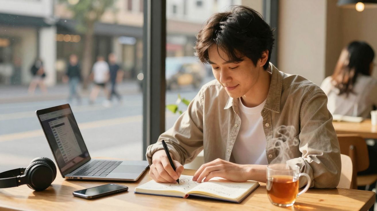 Jovem sentado numa cafetaria a escrever num caderno, com portátil, auscultadores e chá na mesa.