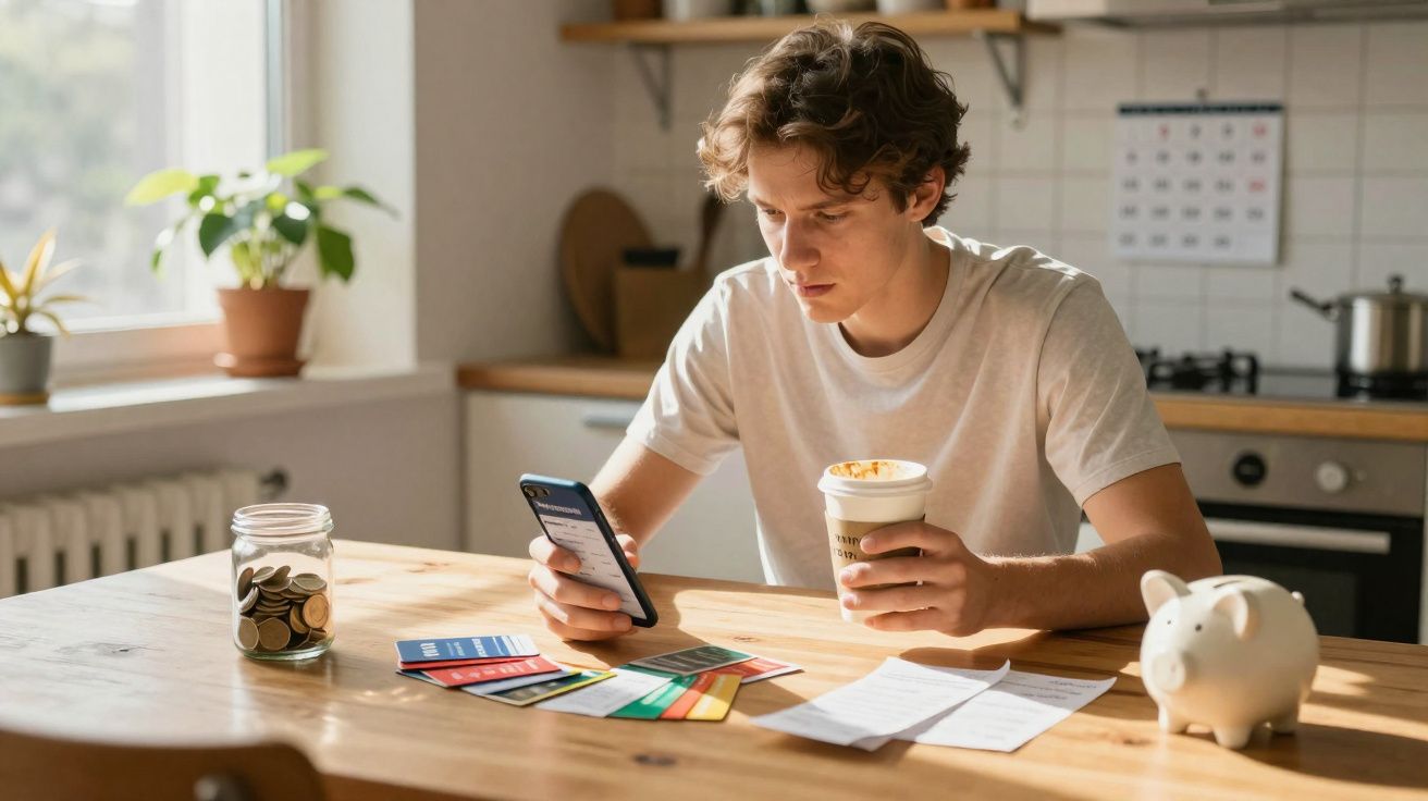 Homem sentado à mesa com várias cartas e jarro de moedas, a olhar para telemóvel e a segurar copo de café.