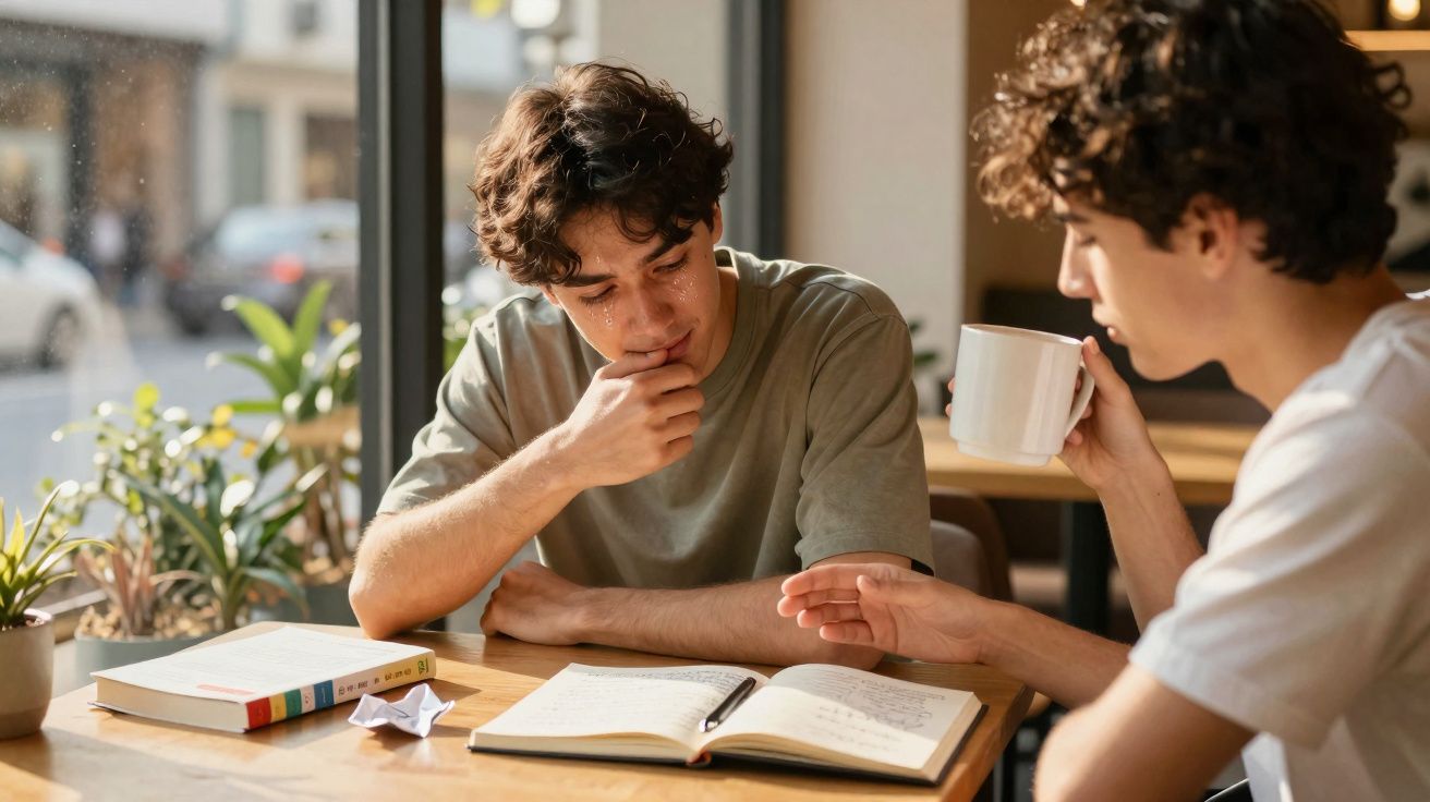 Dois jovens sentados numa mesa com livros e cadernos, a discutir e beber café numa sala iluminada.