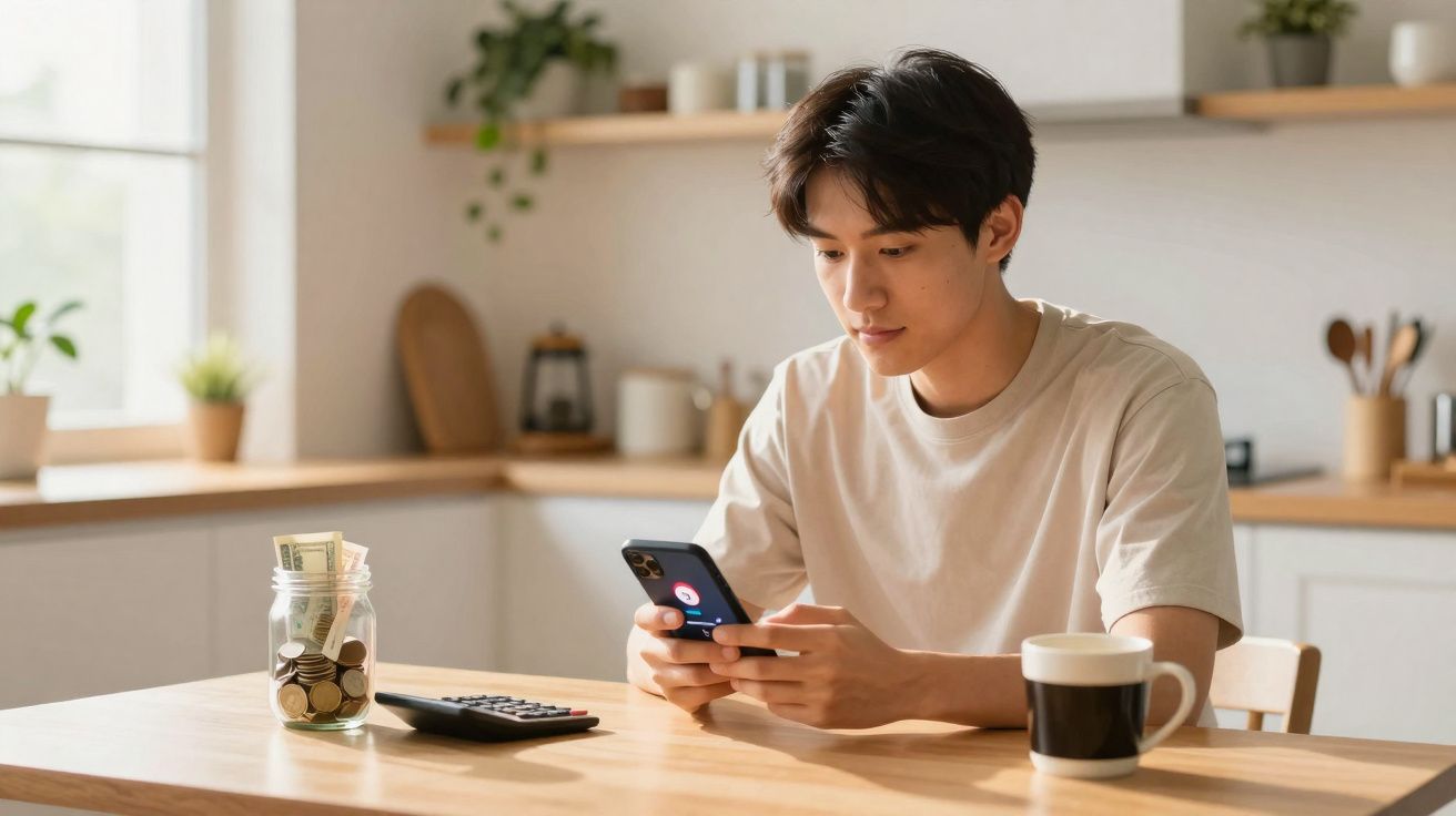 Homem sentado à mesa numa cozinha, a usar smartphone, com jarro de moedas, calculadora e chávena à frente.