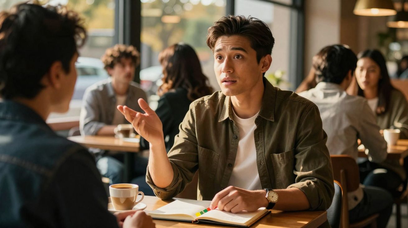 Homem a conversar e a gesticular numa mesa de café com amigos, com caderno e chá.