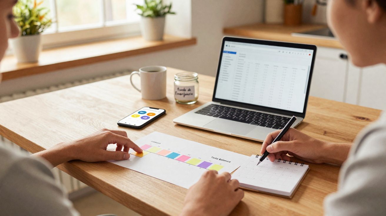 Duas pessoas a trabalhar numa mesa com gráfico de barras, computador portátil, smartphone e planta ao fundo.