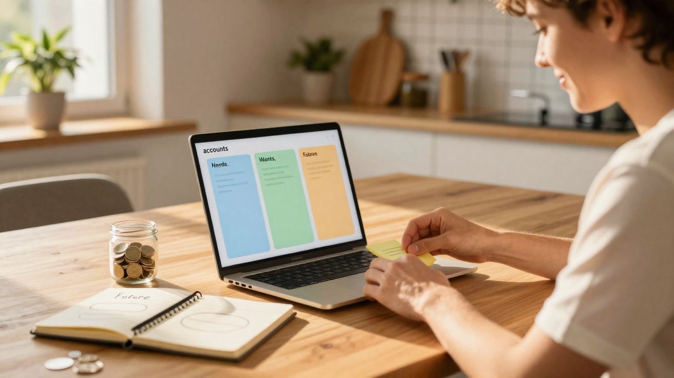 Pessoa sentada numa mesa a organizar notas em frente a um computador com lista de contas e jarro com moedas.