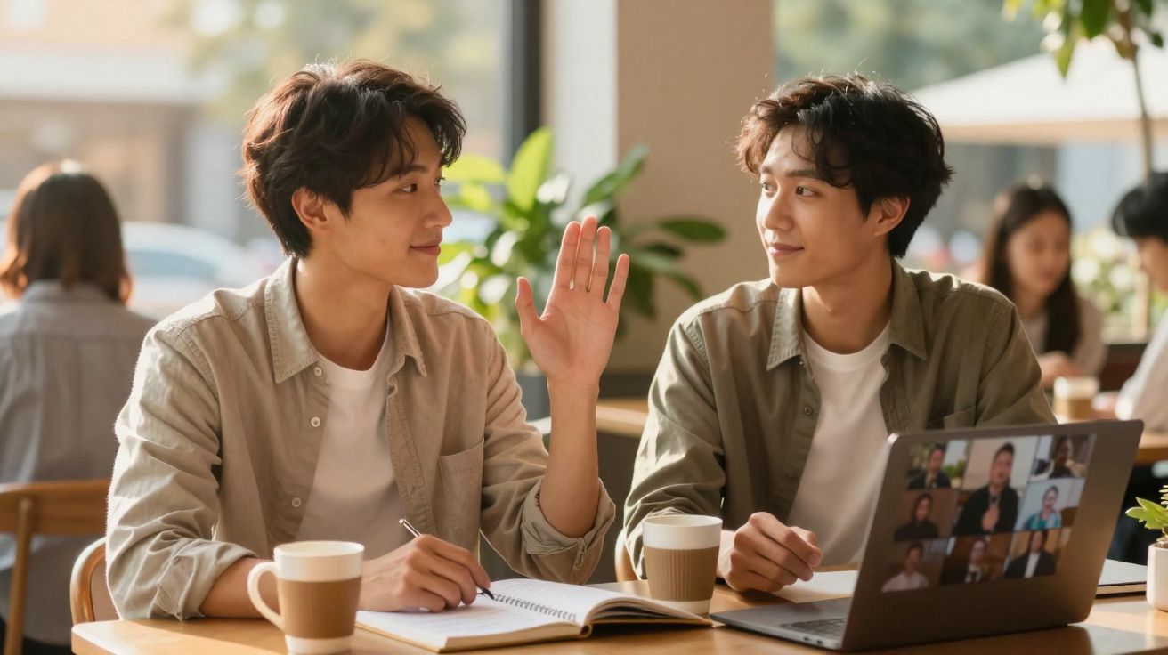 Dois jovens sentados num café, um deles levanta a mão para cumprimentar o outro, com laptop e cadernos na mesa.