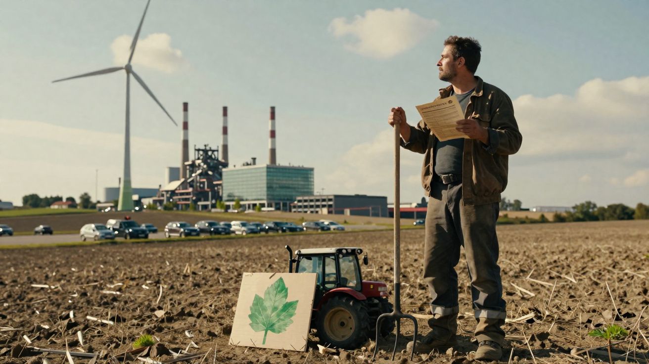 Homem em campo agrícola com enxada, trator pequeno e folha desenhada, com fábricas e turbinas eólicas ao fundo.