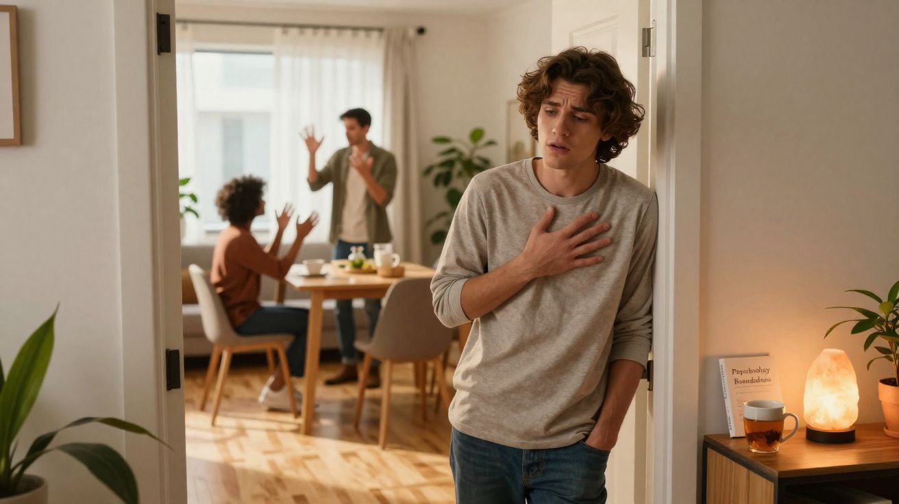 Jovem apoia a mão no peito afastado de duas pessoas a discutir em sala de jantar.