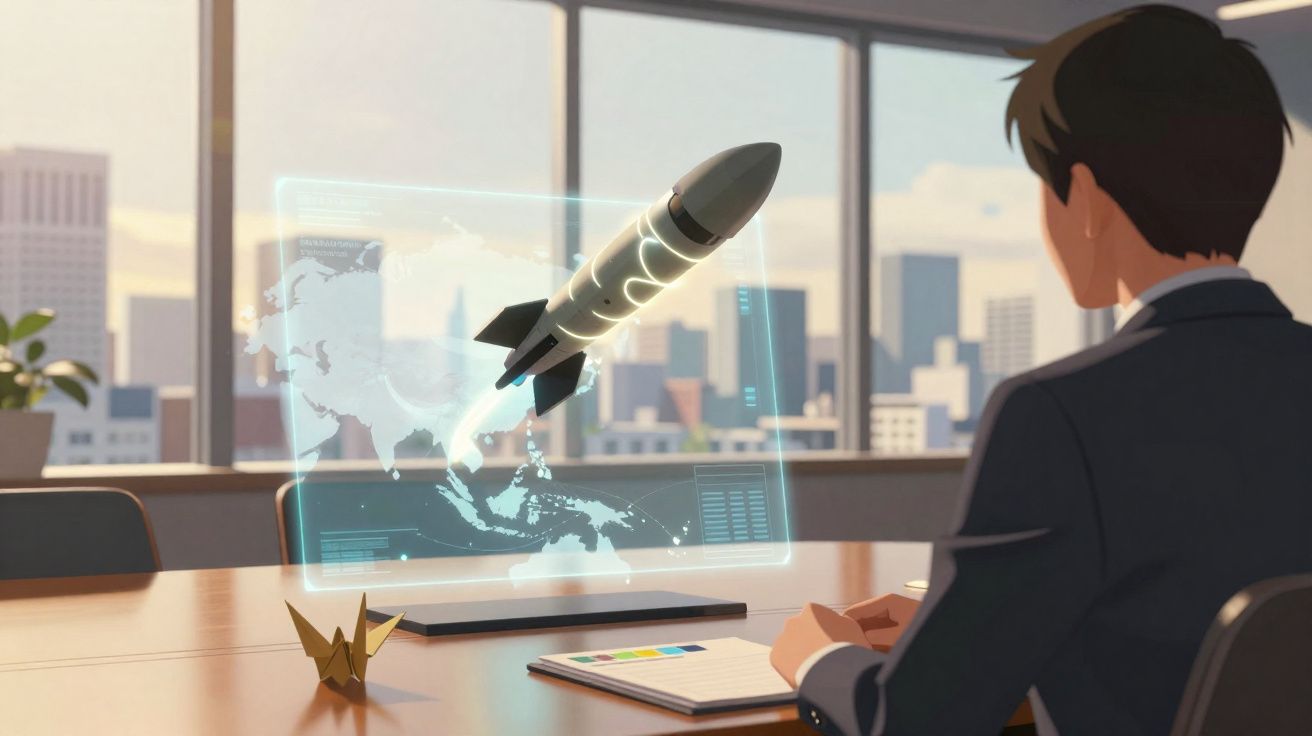 Homem de fato sentado à secretária observa holograma de míssil sobre mapa digital na cidade.