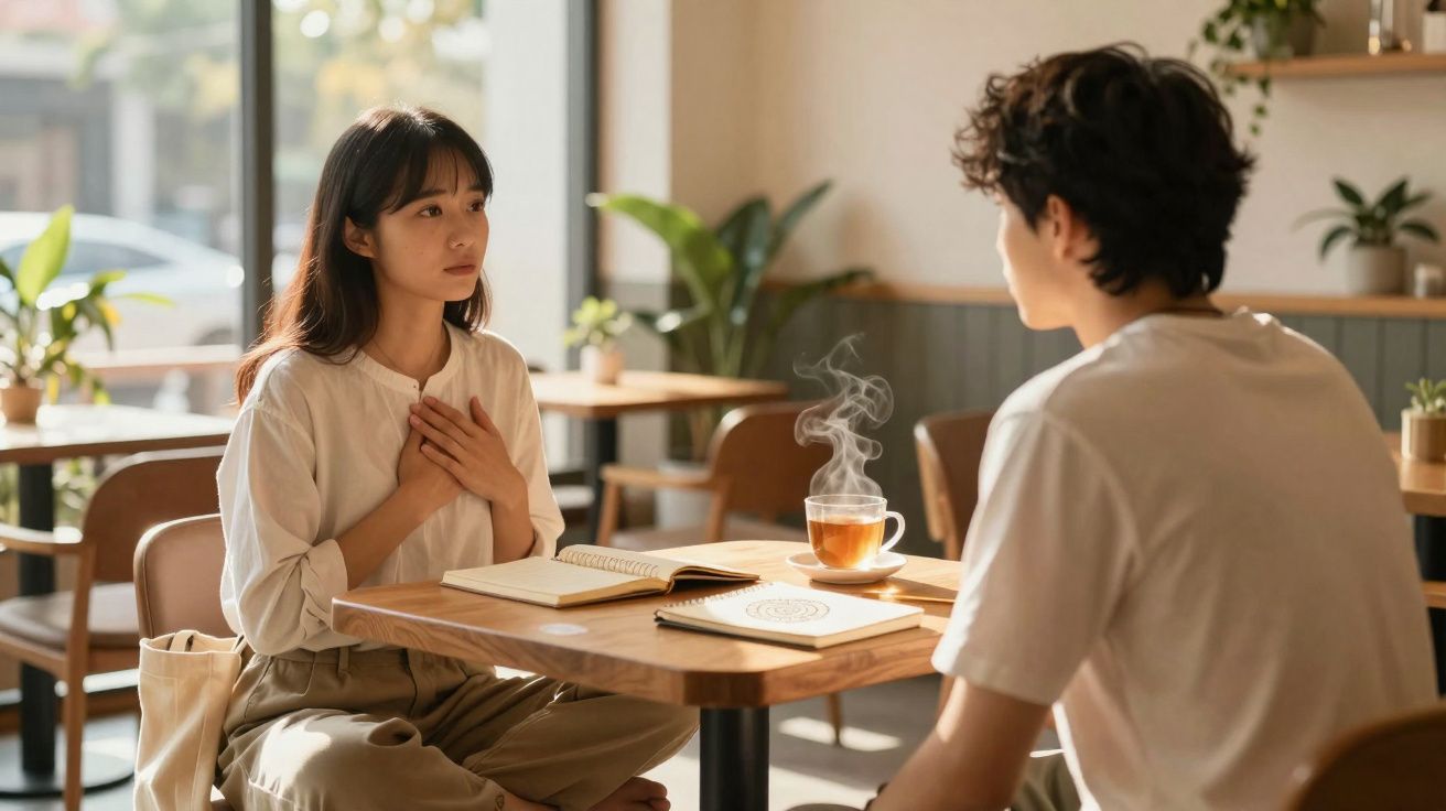 Jovem mulher fala emocionada com homem numa cafetaria, ambos sentados à mesa com chá e cadernos.