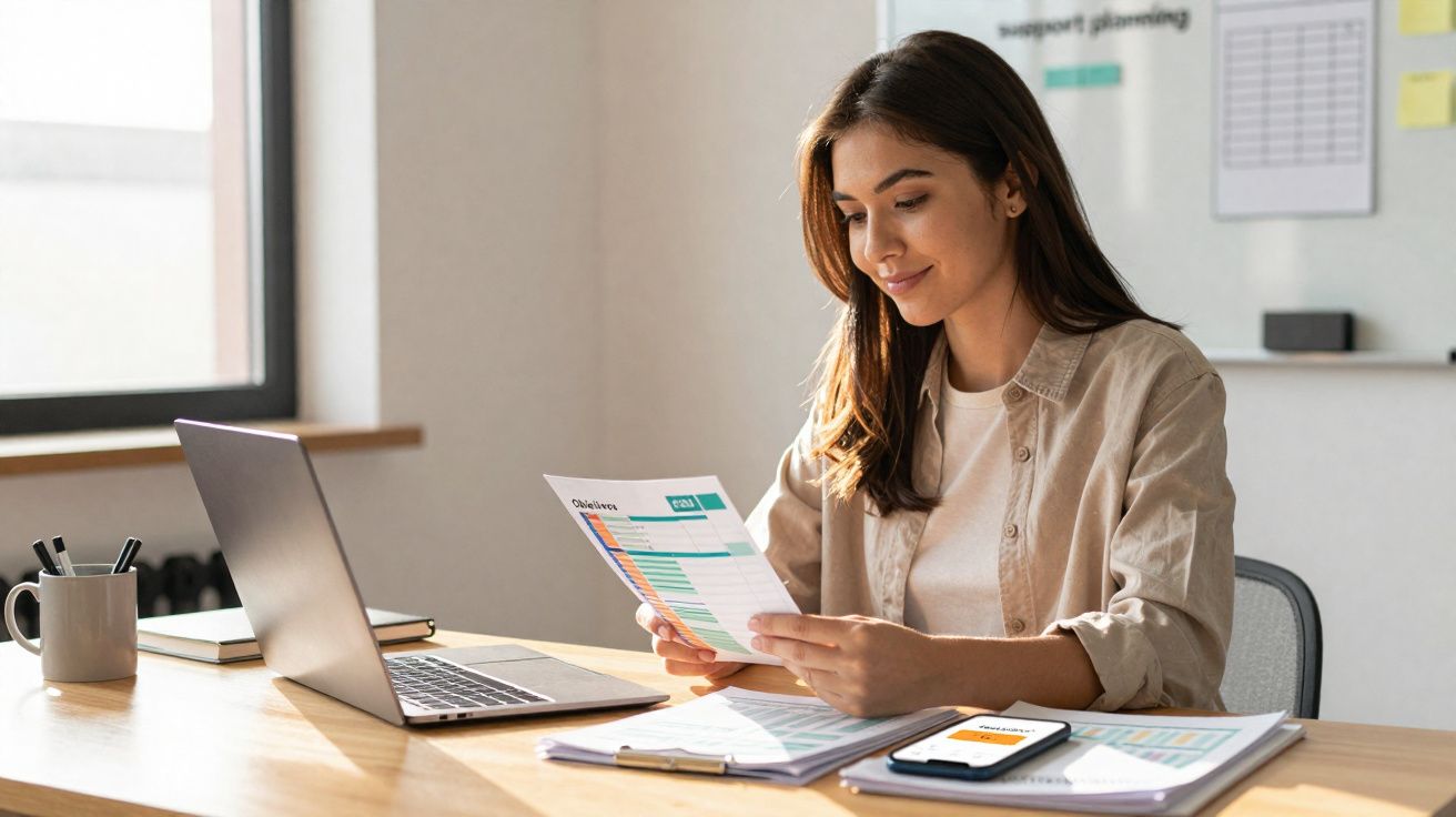 Mulher jovem em escritório a analisar gráfico impresso, com computador portátil e documentos sobre a mesa.