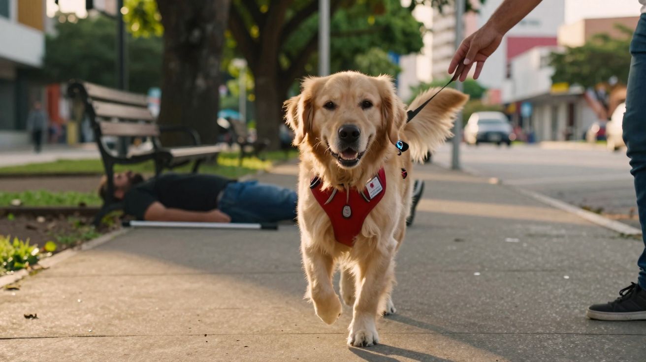 Cão de serviço com coleira vermelha a andar numa calçada urbana, com pessoa segurando a trela e indivíduo deitado no chão.