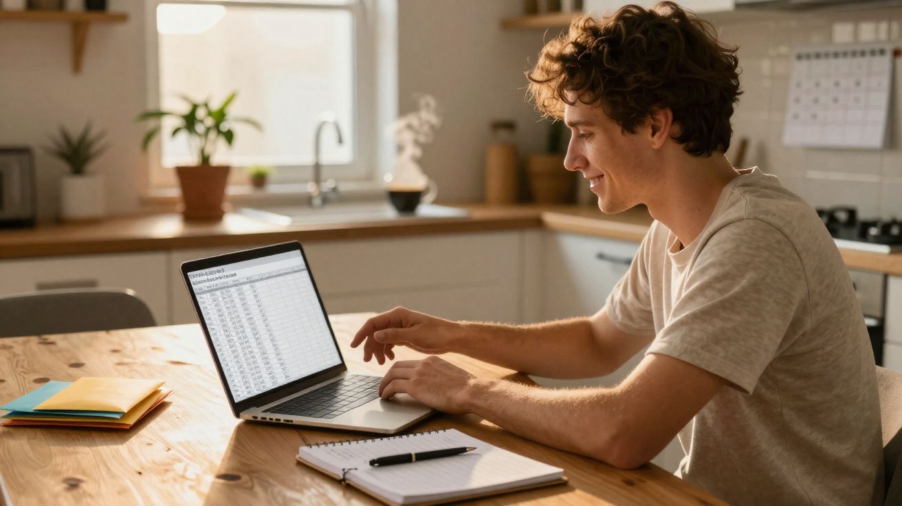 Jovem sentado à mesa a trabalhar no computador portátil numa cozinha iluminada.