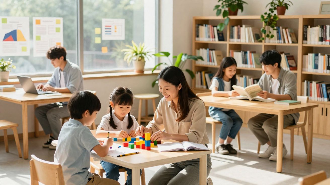 Mulher e duas crianças brincam e aprendem com blocos coloridos numa sala de aula luminosa e moderna.