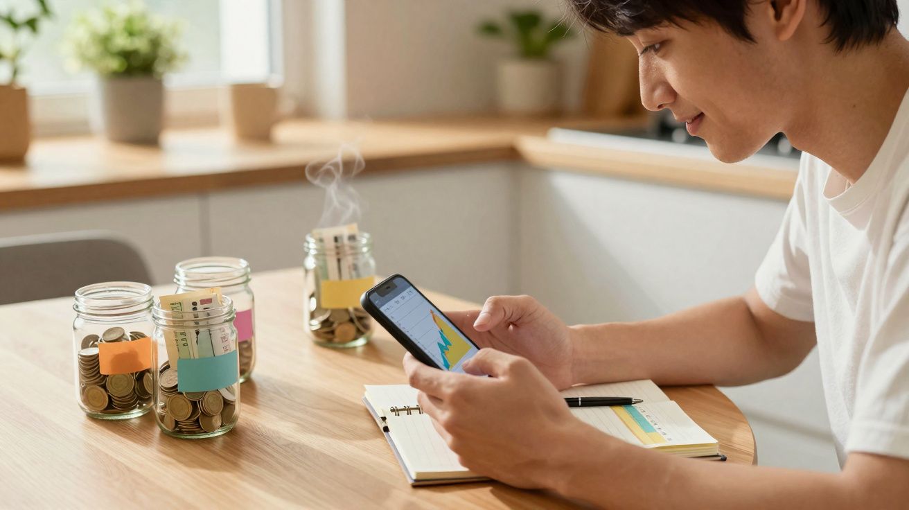 Homem a analisar gráficos de finanças no telemóvel, sentado a mesa com potes cheios de moedas.