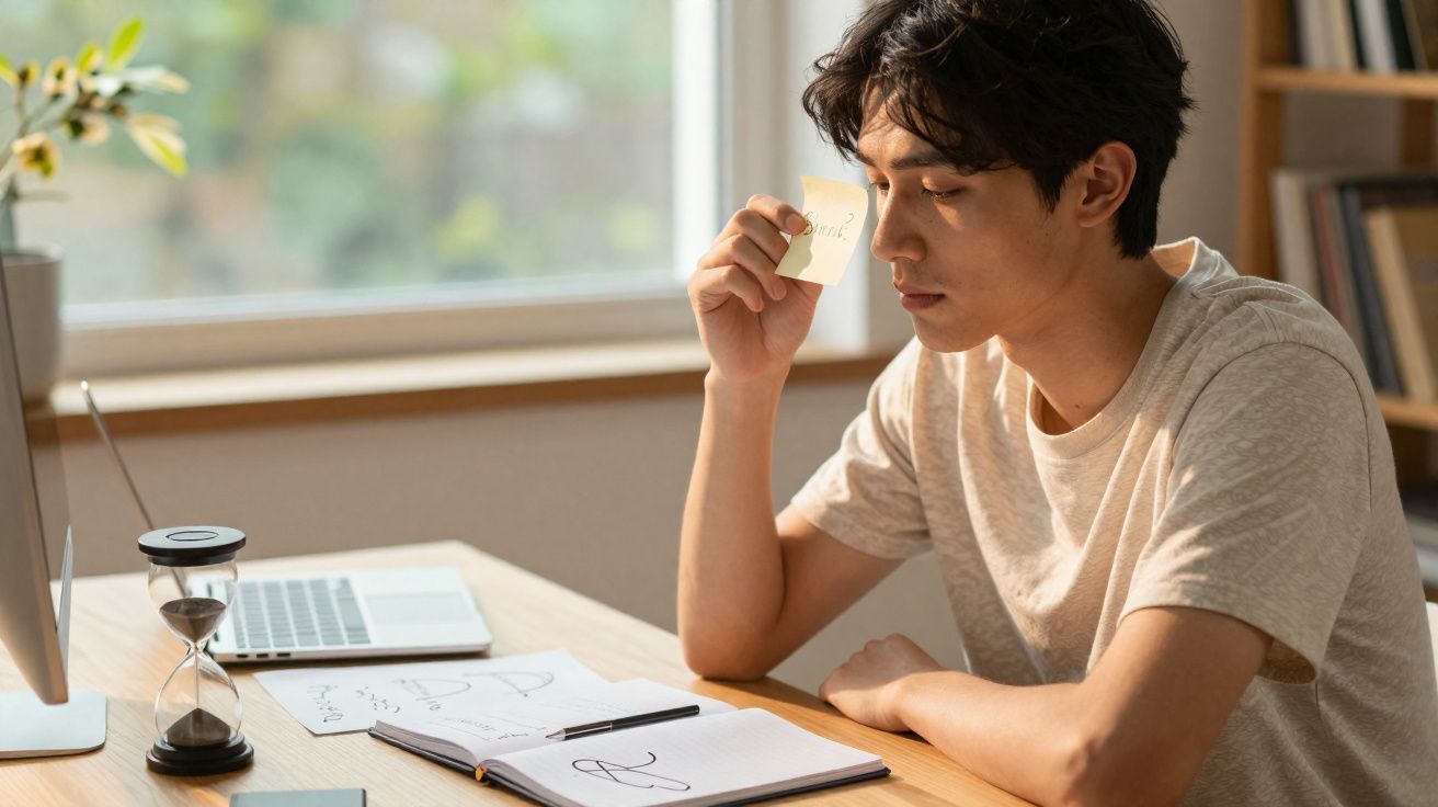 Homem concentrado a estudar sozinho com caderno e post-it numa mesa iluminada junto a uma janela.