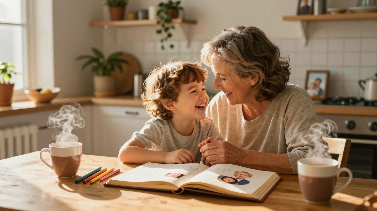 Avó e neto sorrindo juntos à mesa com álbum de fotografias e canecas de chá quente.