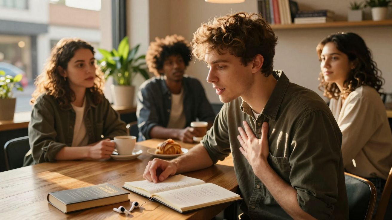 Jovem a ler em voz alta para três pessoas sentadas à mesa num ambiente acolhedor de café ou biblioteca.