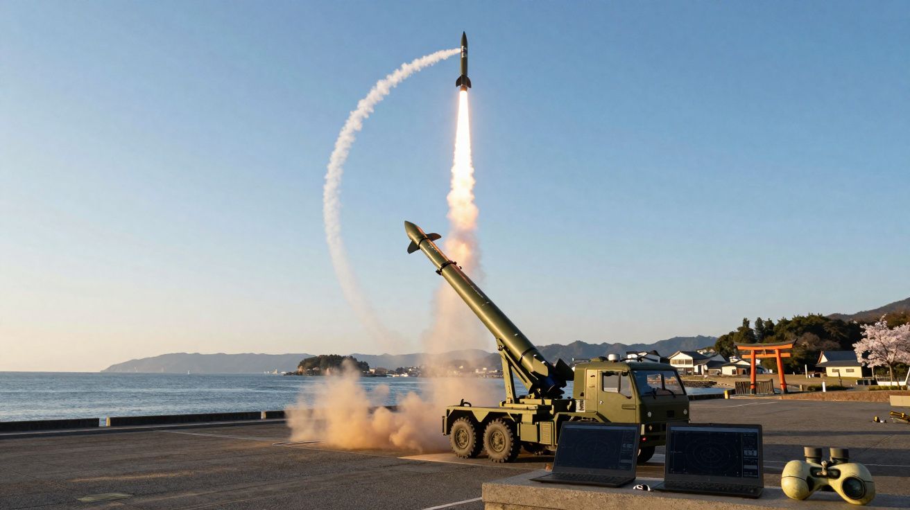 Lançamento de míssil a partir de veículo militar perto da costa com laptops e binóculos em primeiro plano.