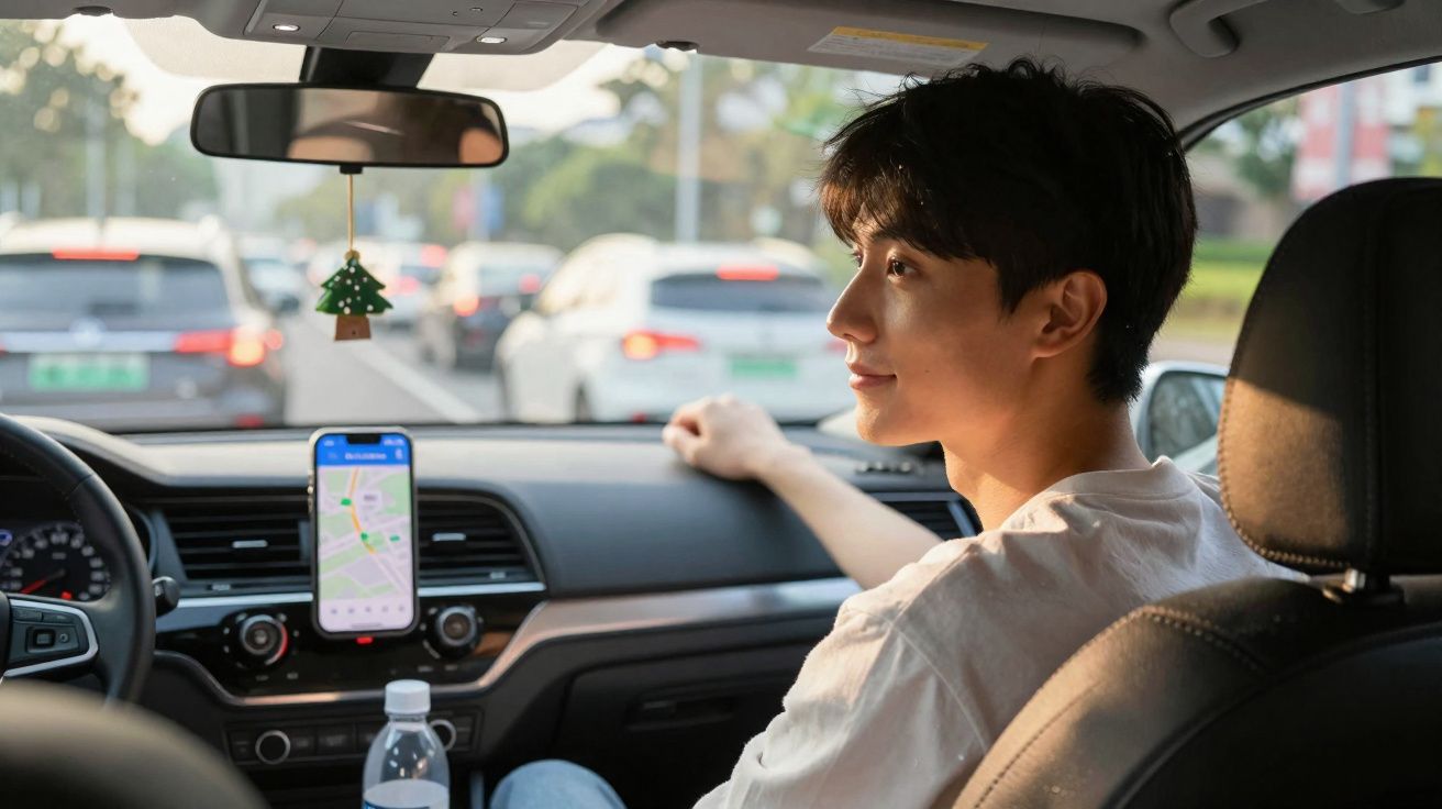 Homem sentado no banco do passageiro de um carro, olhando para a janela, com trânsito à frente.