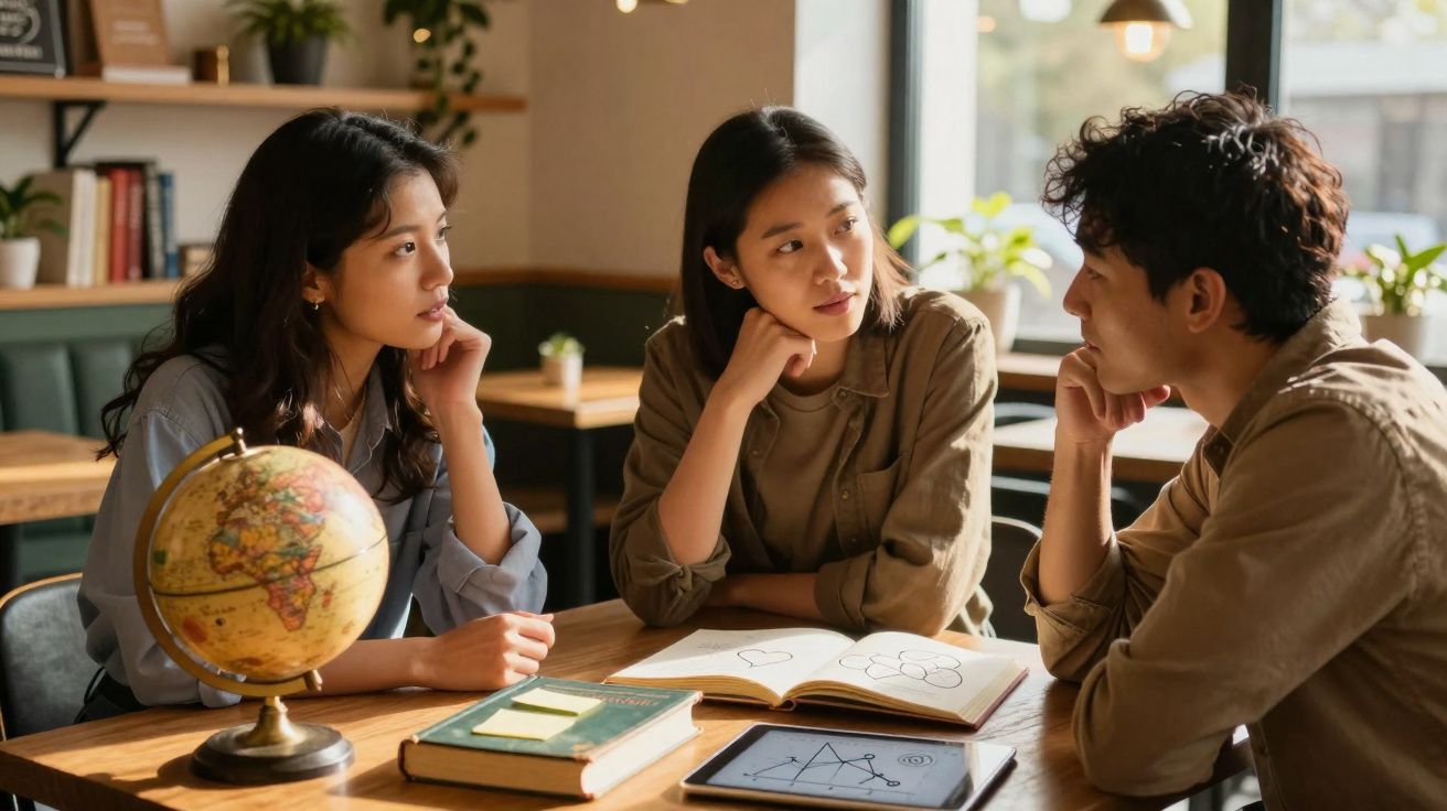 Três jovens sentados à mesa a debater, com livros, tablet e globo terrestre num ambiente iluminado.