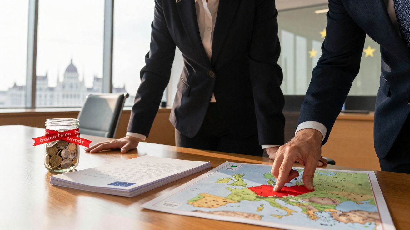 Duas pessoas a analisar um mapa da Europa numa mesa com documento e frasco de moedas ao lado.