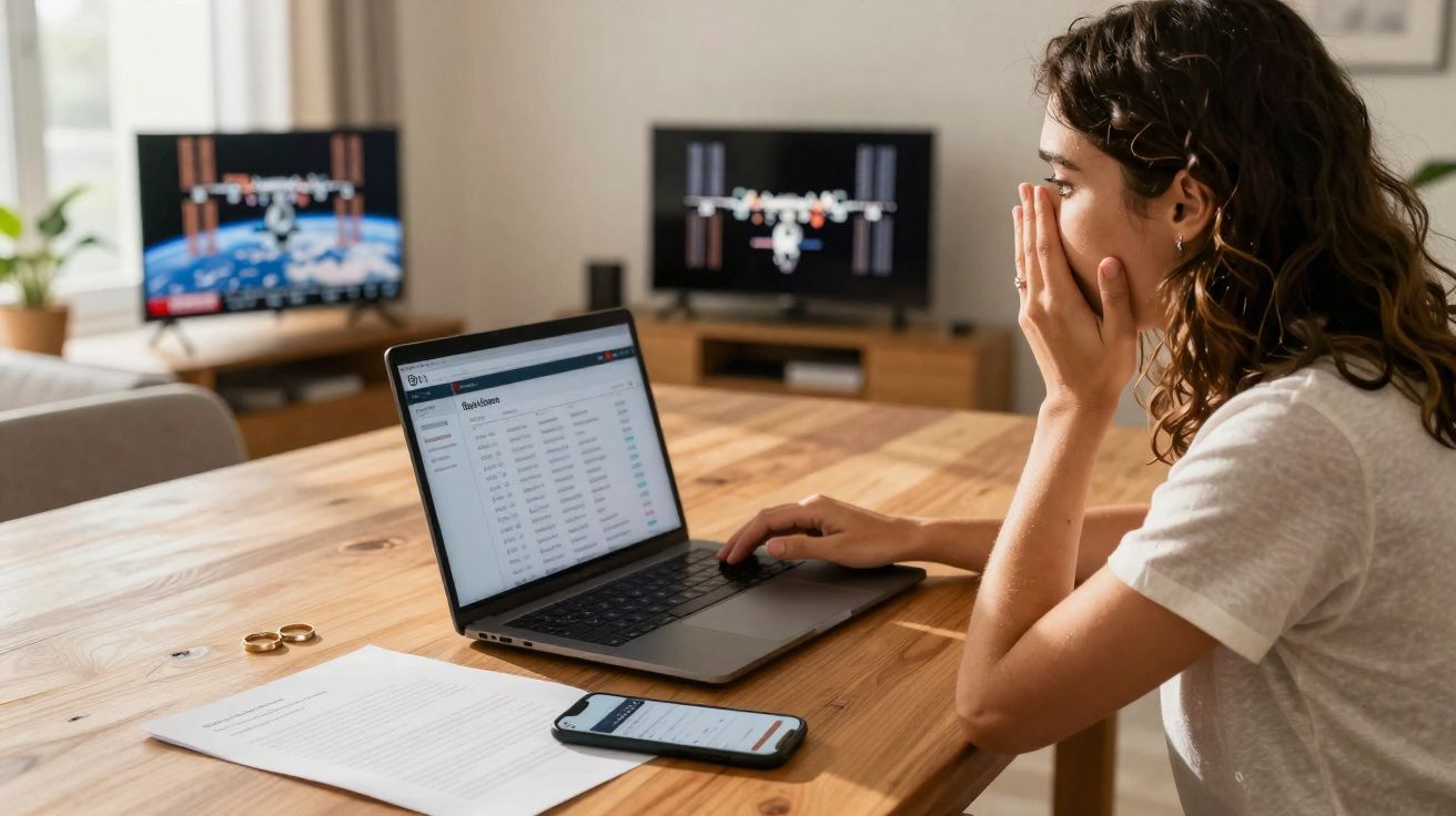 Mulher a usar computador portátil numa mesa com documentos, smartphone e duas alianças de casamento.