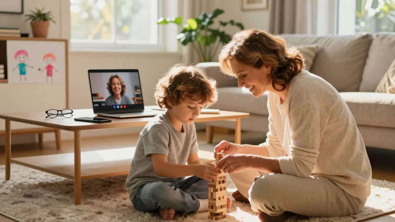 Mulher e criança a jogar torre de blocos de madeira no chão, com videochamada aberta no portátil em sala iluminada.