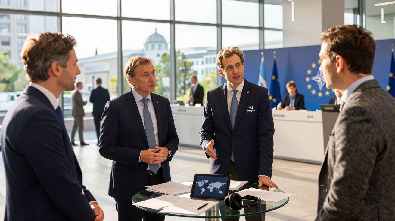 Quatro homens de fato conversam em torno de uma mesa redonda com um tablet, em sala iluminada e moderna.