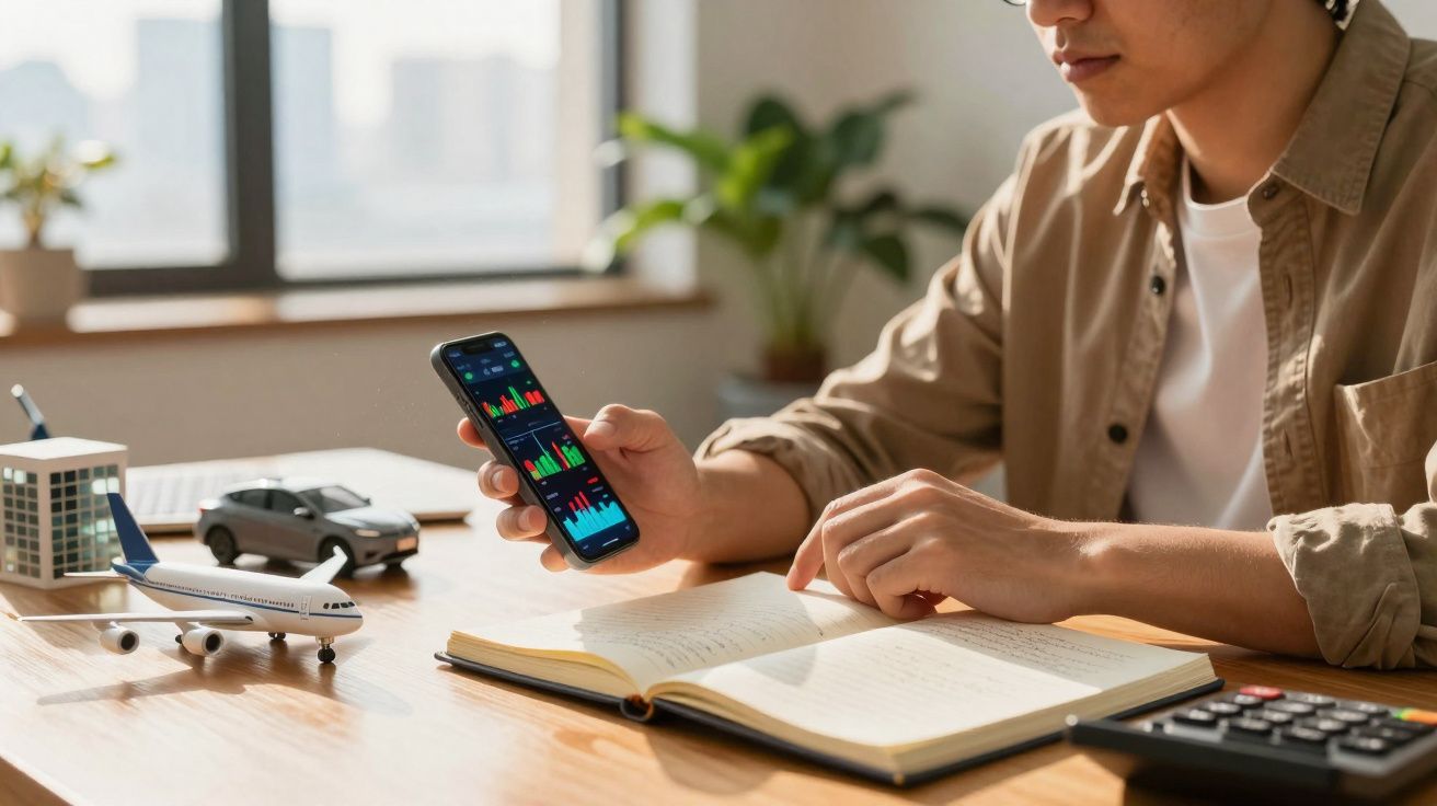 Pessoa a analisar gráficos no telemóvel enquanto consulta um caderno numa mesa com miniaturas de avião e carro.