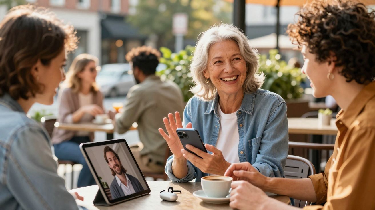 Três mulheres conversam num café, com uma a participar numa videochamada num tablet, sorrindo e a segurar um telemóvel.