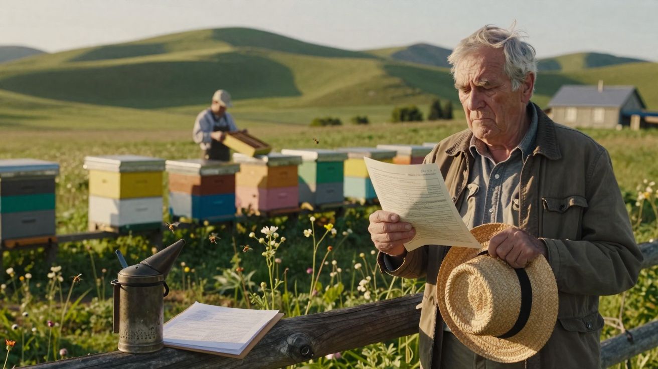 Homem idoso com chapéu na mão lê documento junto a colmeias coloridas em campo florido.