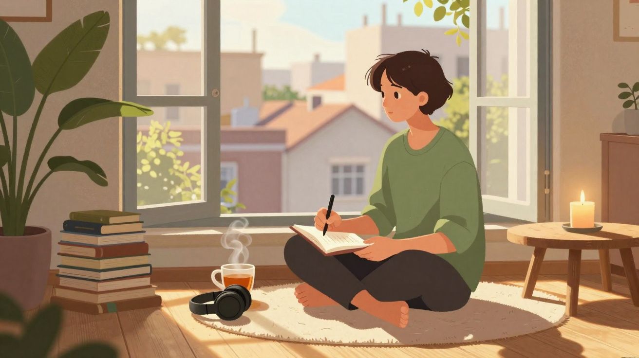 Pessoa sentada no chão a escrever num caderno, rodeada de livros, chá quente e luz natural numa sala acolhedora.