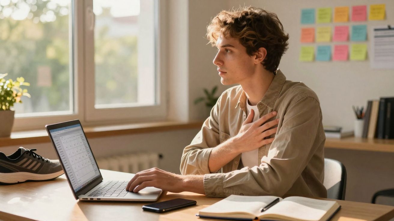 Jovem preocupado com dor no peito sentado a trabalhar num computador portátil numa mesa iluminada pela luz natural.