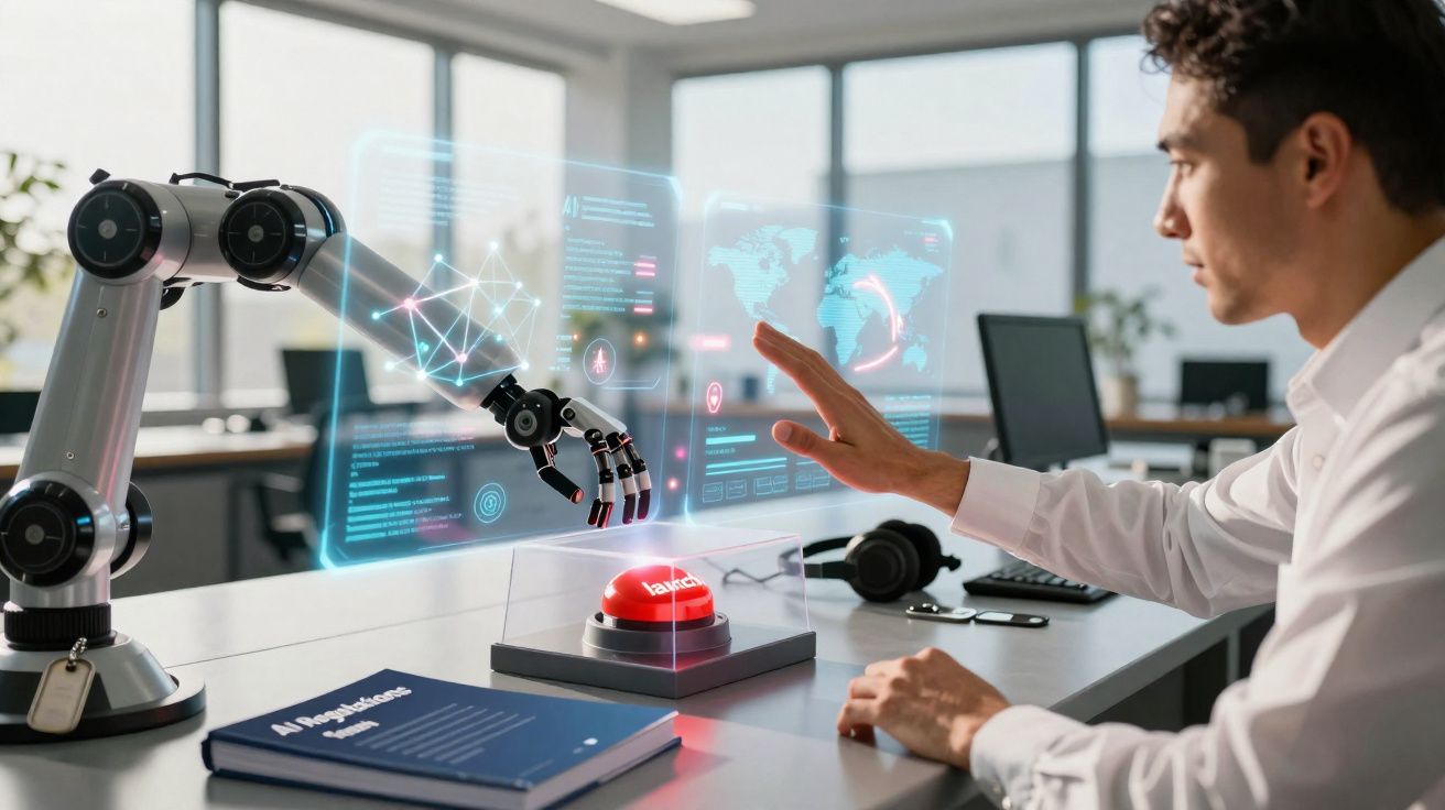 Homem interage com braço robótico e interface holográfica num escritório moderno.