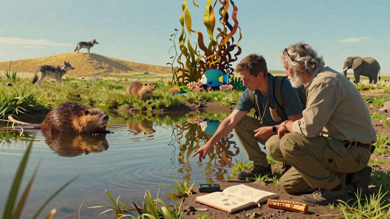 Dois homens observam um castor junto a uma lagoa num ambiente natural com vários animais selvagens ao fundo.