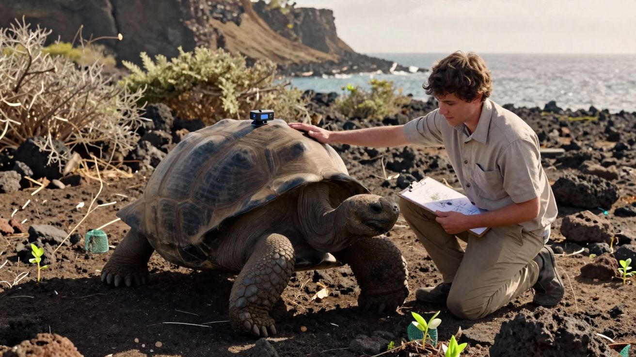 Jovem biólogo observa e toca uma tartaruga gigante com dispositivo de monitorização no casco, junto ao mar.