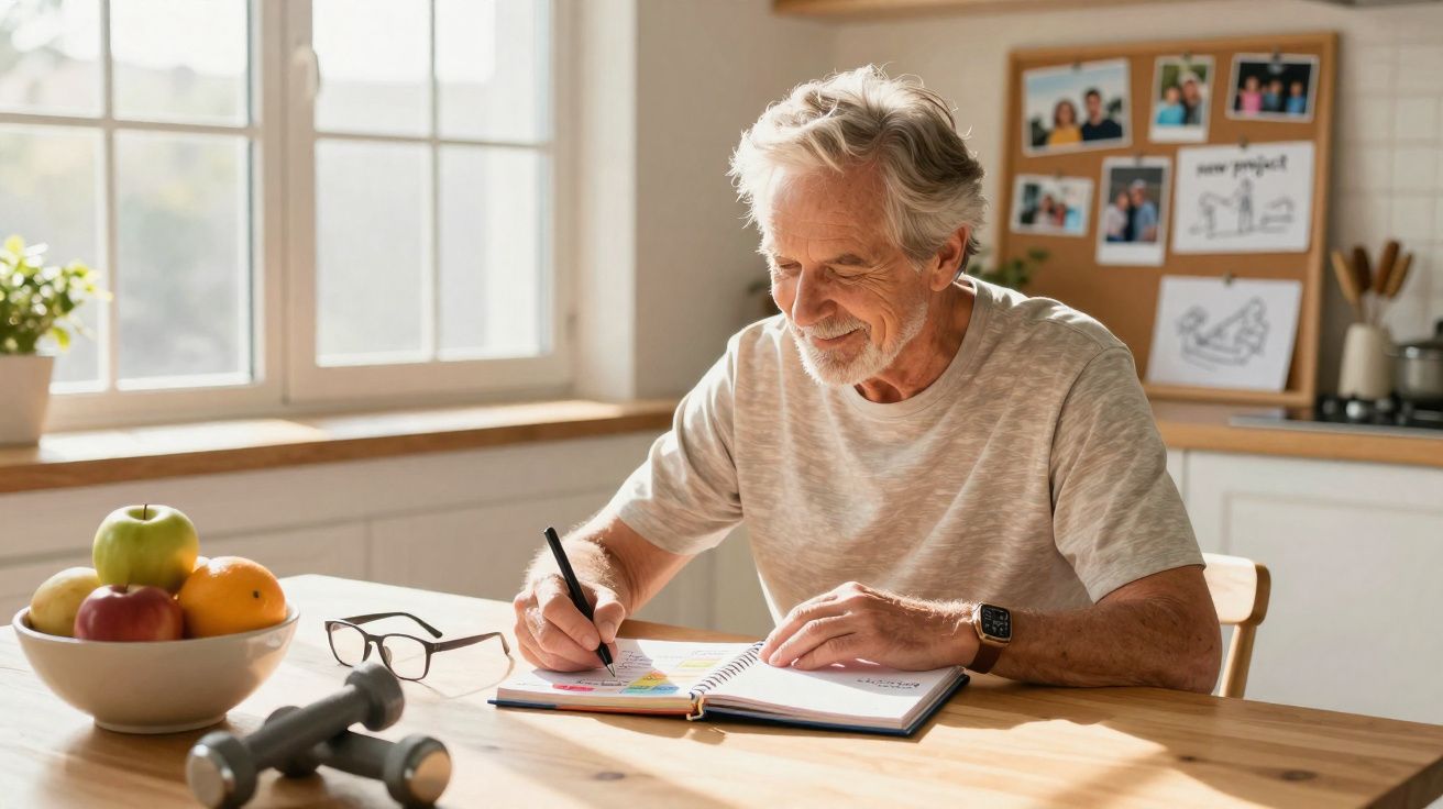 Homem sénior a sorrir enquanto escreve num caderno numa cozinha iluminada com fruta e halteres na mesa.
