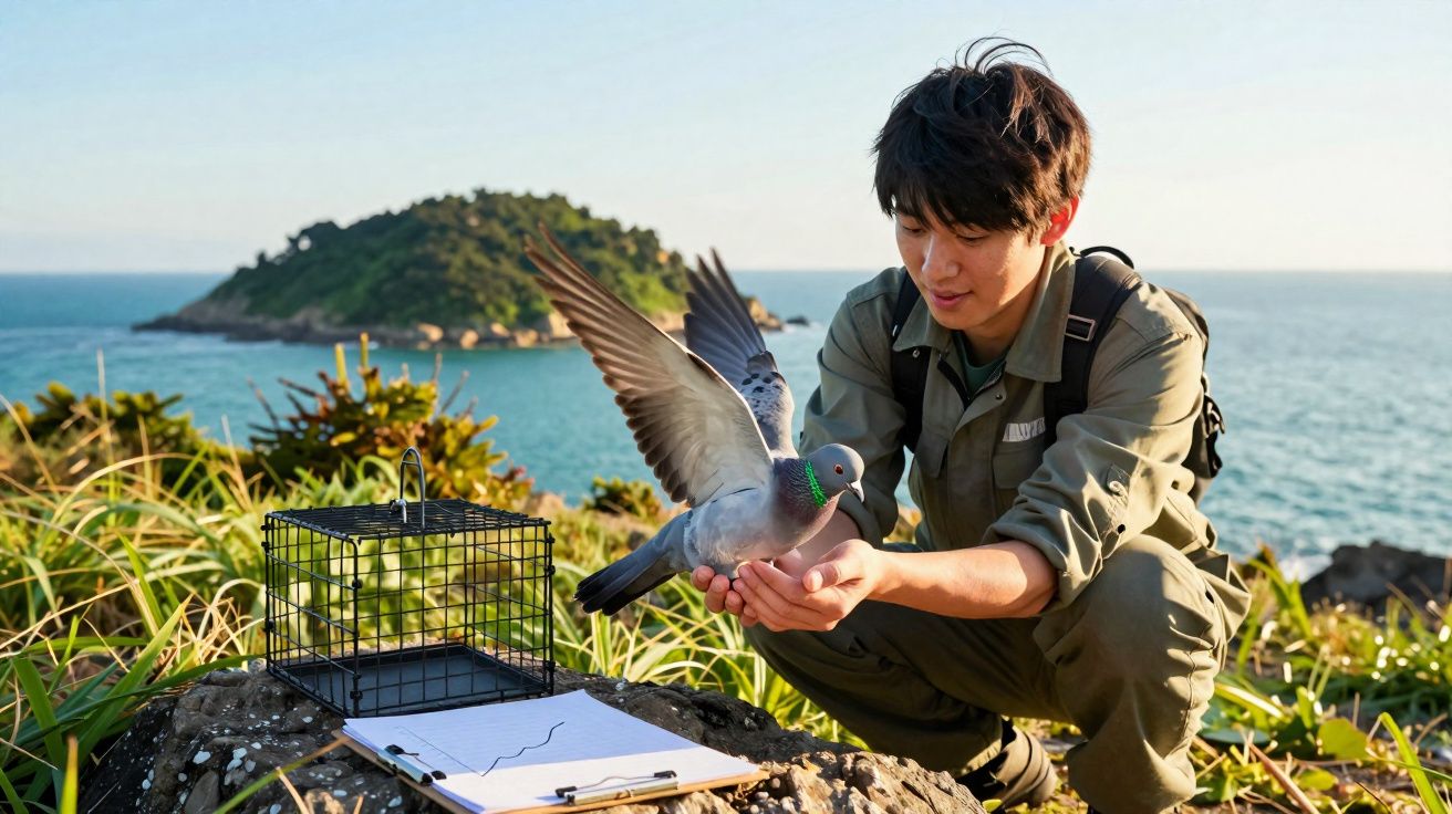 Homem liberta uma pomba junto ao mar, com ilha e gaiola visíveis num cenário natural ensolarado.