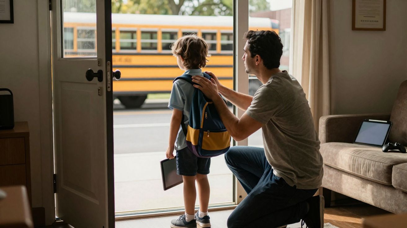 Pai ajoelhado a ajustar mochila do filho enquanto este espera pelo autocarro escolar à porta de casa.