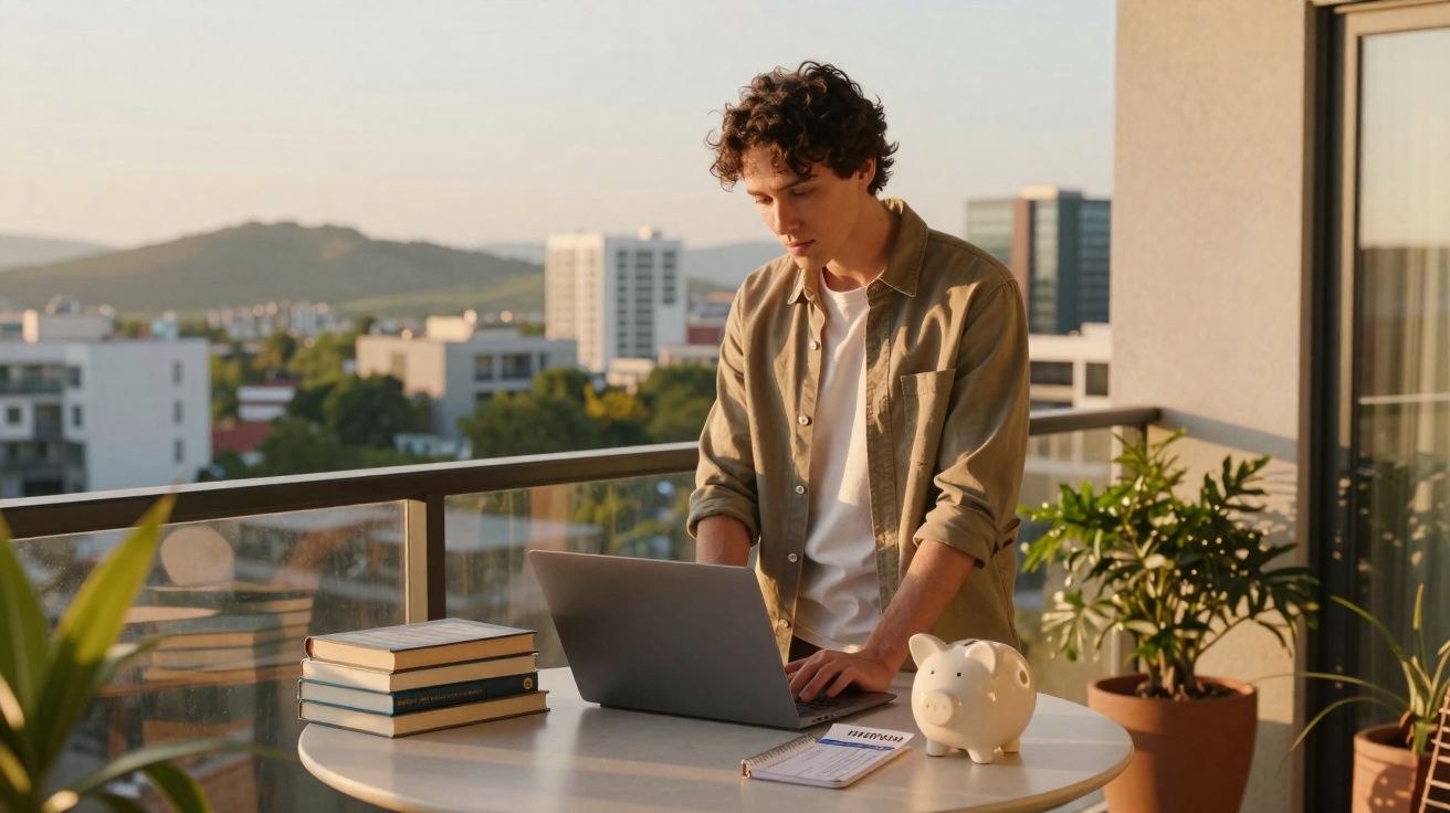 Jovem a trabalhar num portátil numa varanda com livros, mealheiro e plantas ao fim da tarde numa cidade.