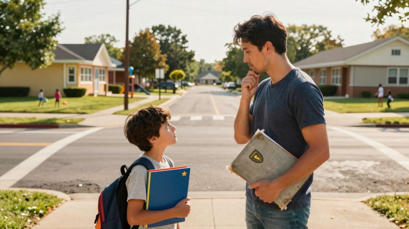 Homem e criança conversam na rua com material escolar ao entardecer em bairro residencial.
