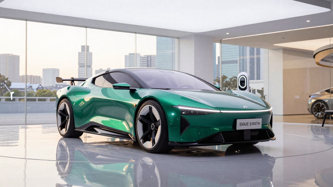 Carro elétrico desportivo verde numa sala moderna com parede de vidro e vista urbana ao fundo.