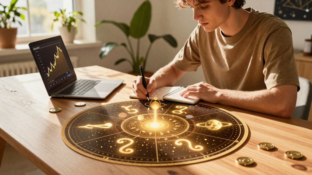 Homem jovem a escrever num caderno enquanto observa um mapa astrológico iluminado numa mesa de madeira.