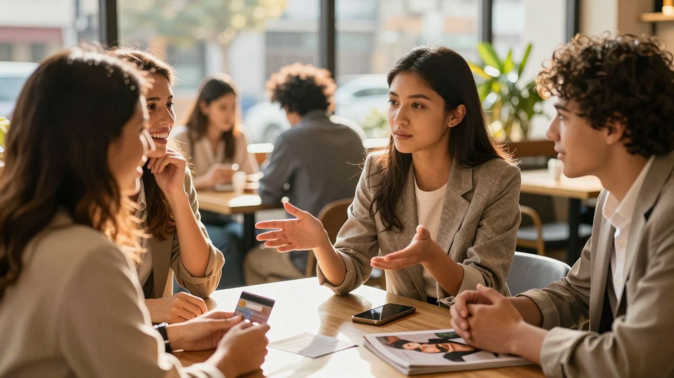 Grupo de jovens em reunião informal, discutindo ideias numa mesa de café com documentos e telemóvel.