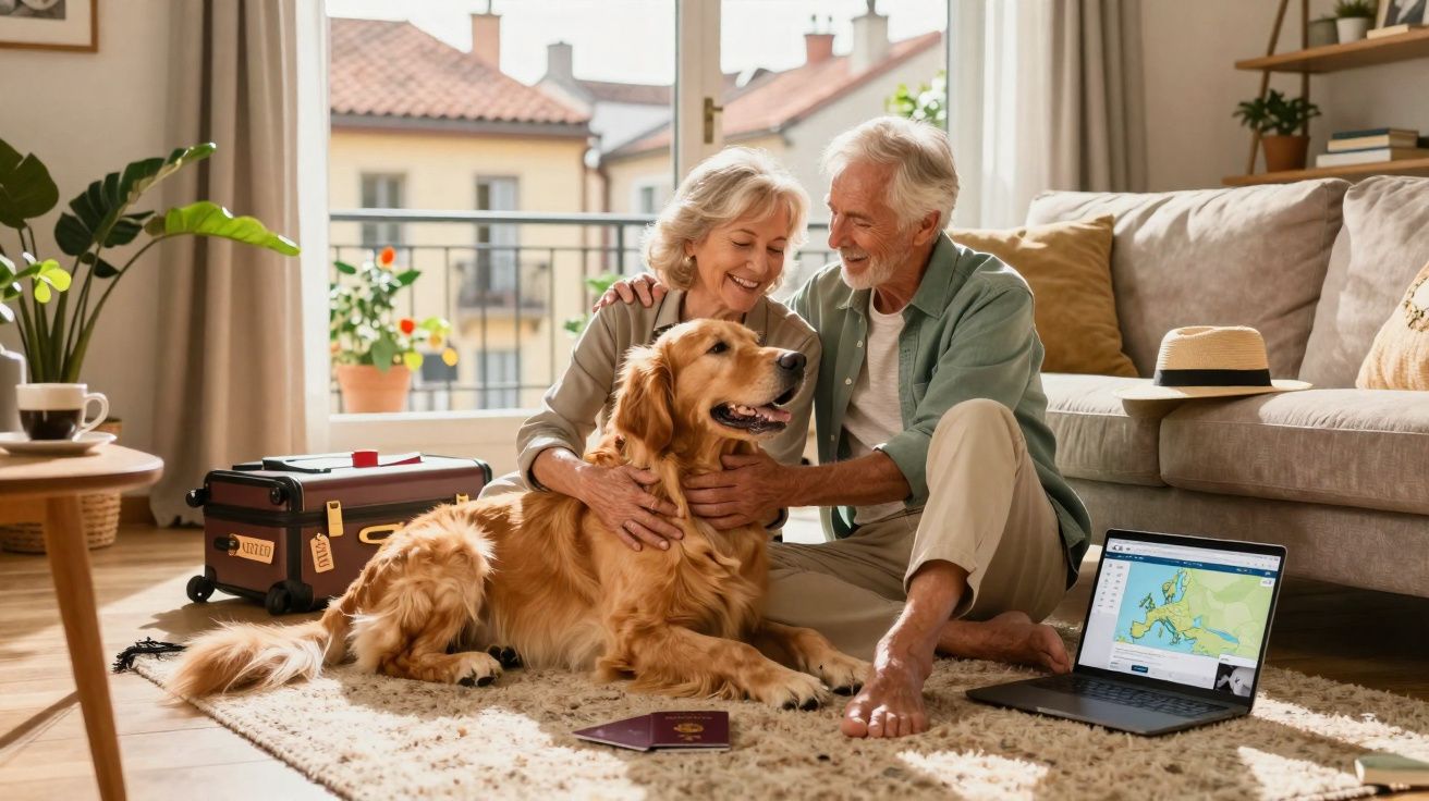 Casal sénior sentado no chão com cão dourado, laptop com mapa aberto e malas para viagem à volta.