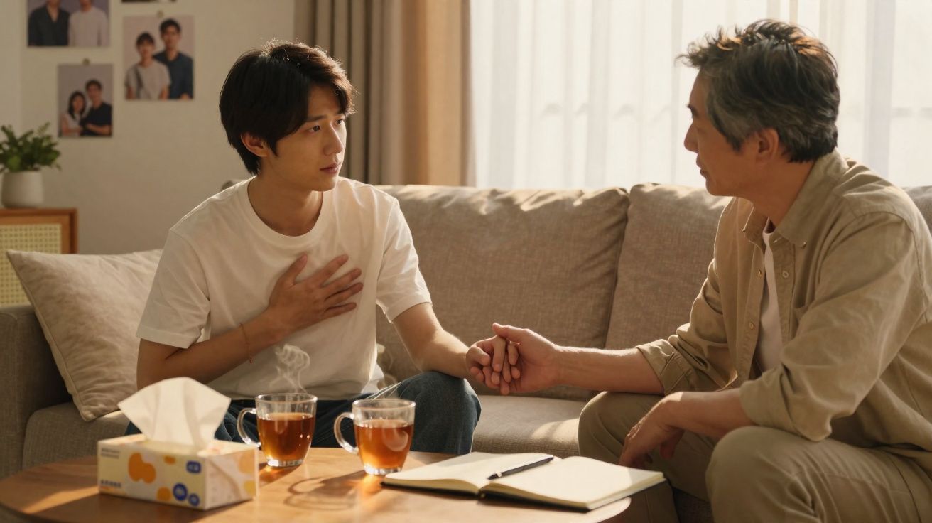 Dois homens sentados no sofá, um jovem com a mão no peito e o outro a segurá-la, com chá e caderno na mesa.