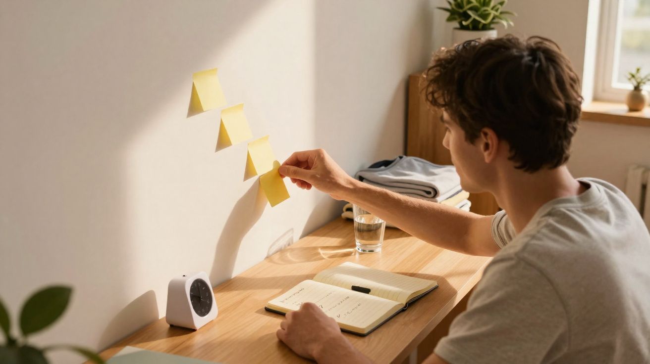 Jovem sentado a uma secretária a colar post-its amarelos na parede, com caderno e copo de água à sua frente.