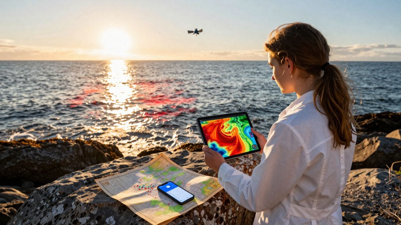 Mulher com tablet monitoriza dados de drone sobre o mar ao pôr do sol, com mapa e telemóvel sobre rochas.