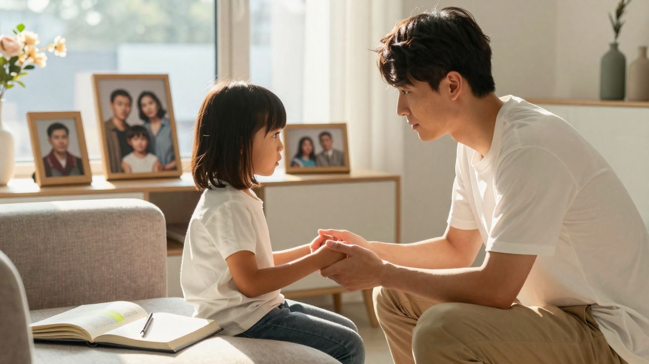 Pai conversa e segura as mãos da filha sentados numa sala iluminada com fotografias de família.