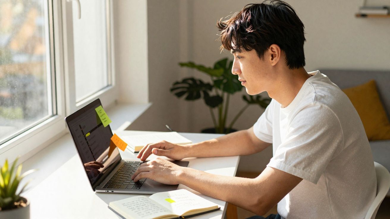 Jovem a trabalhar num portátil junto à janela com caderno aberto e plantas ao fundo.